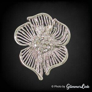 Vintage Floral Five Petal Openwork Pave Center Silver Tone Brooch